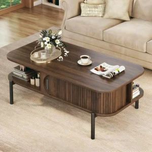 Single Coffee Table With Storage Fluted Sliding Door Cabinet